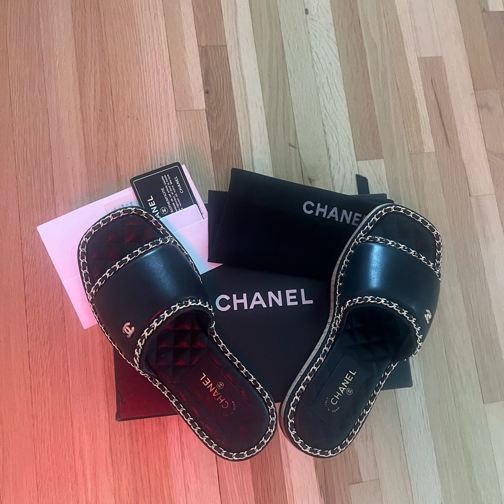 CHANEL Black Slides with Gold Chain Detail